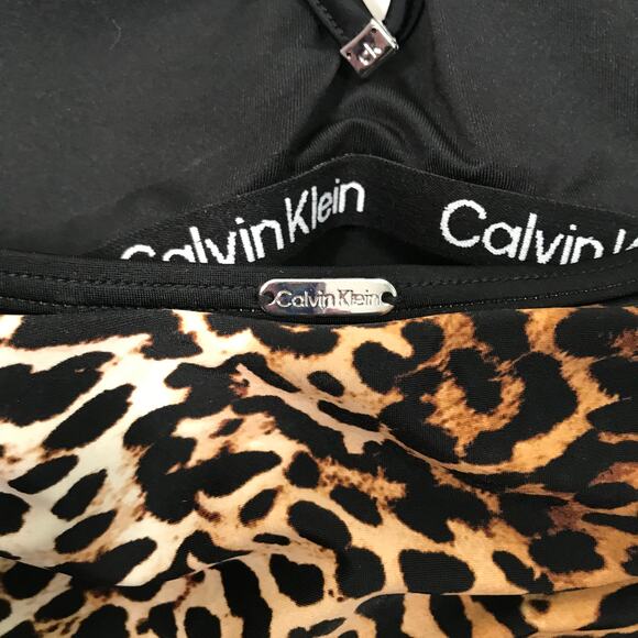 Calvin Klein Tankini Top Small Halter Bandeau Ruched V Notch Wire Animal Leopard - Picture 6 of 11